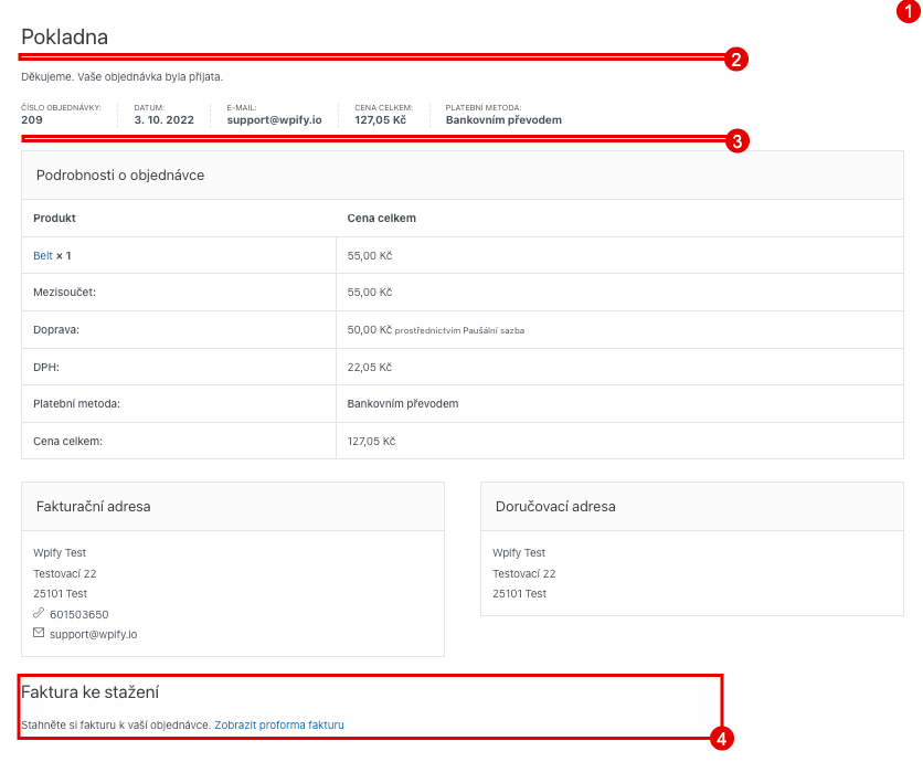 Pozice odkazu na děkovné stránce