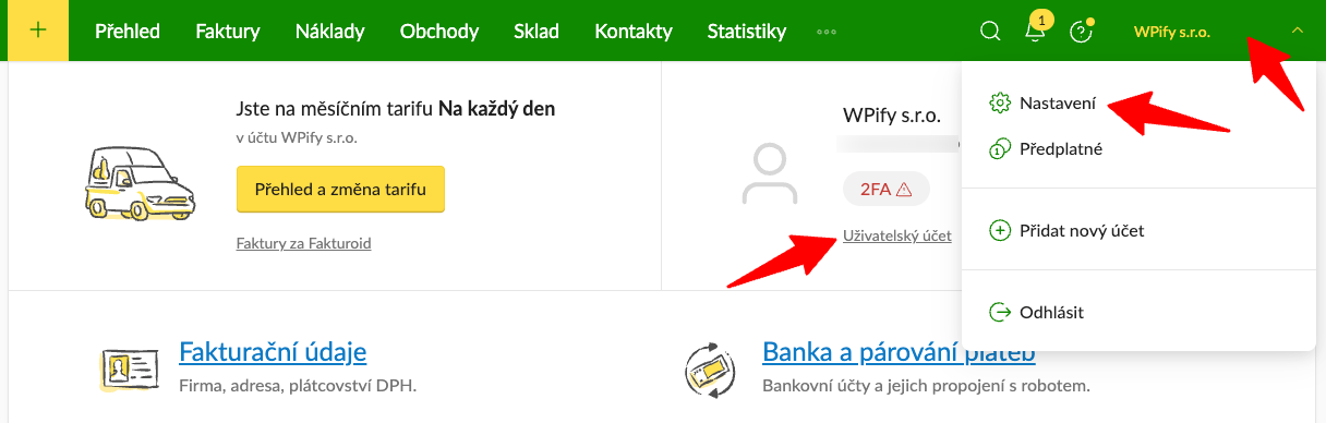Fakturoid nastavení účtu
