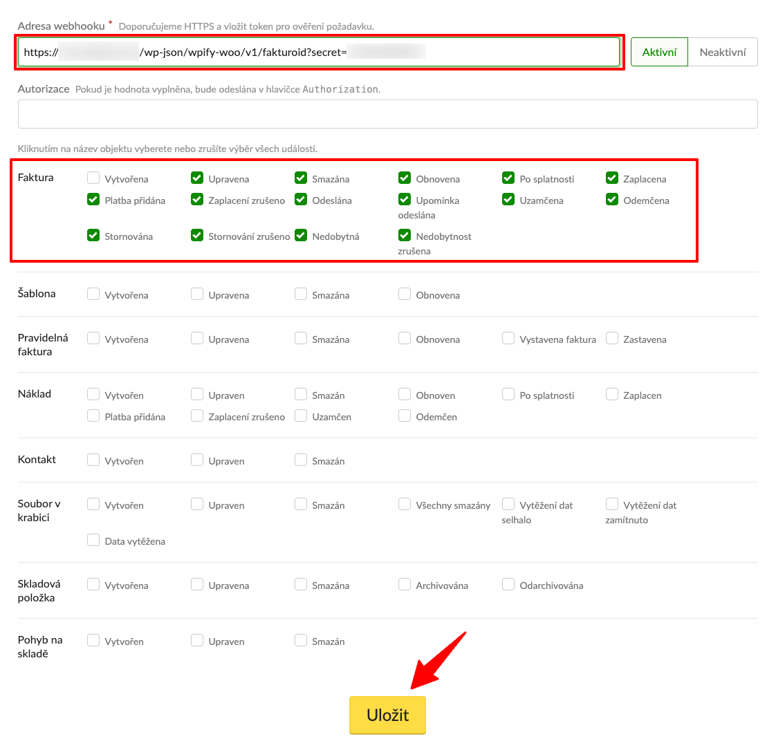 Výběr akcí webhooku