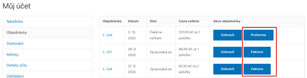 Odkaz v mém účtu - seznam