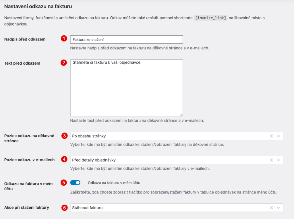 Nastavení odkazu na fakturu