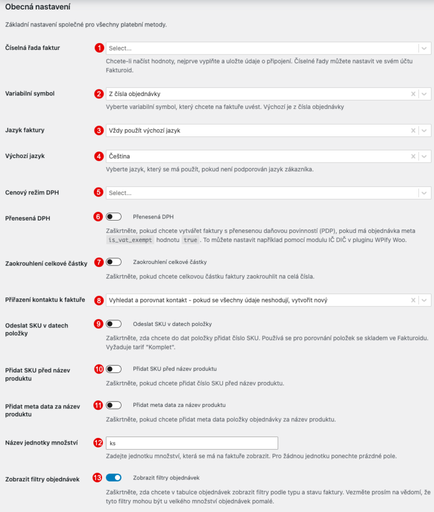 Obecná nastavení - formulář