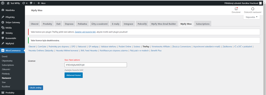 Aktivace licence pluginu